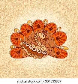 Peacock on the mehndi background, pattern with traditional indian ornamental design. Floral background with indian ornament.