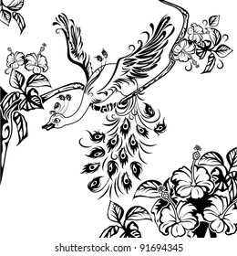 Peacock on a tree branch full of flowers of hibiscus. Black and white illustration.