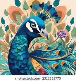 Peacock on white background. Hand drawn vector illustration in watercolor style
