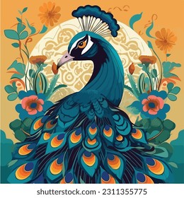 Peacock on white background. Hand drawn vector illustration in watercolor style