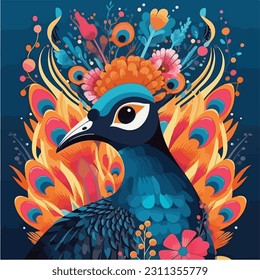Peacock on white background. Hand drawn vector illustration in watercolor style