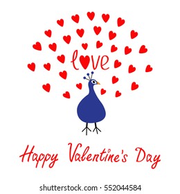Peacock Open red heart set tail. Zoo animal collection. Exotic tropical bird. Cute cartoon character. Blue color Happy Valentines Day. Word Love text. Greeting card. White background. Flat Vector