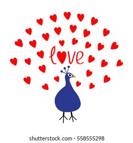 Peacock Open red heart set tail. Word Love text. Zoo animal collection. Exotic tropical bird. Cute cartoon character. Blue color. Happy Valentines Day. Greeting card. White background. Flat Vector