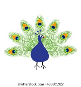 Peacock open tail. Feather out. Beautiful Exotic tropical bird. Zoo animal collection. Cute cartoon character. Decoration element. Flat design. White background. Isolated. Vector illustration