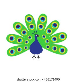Peacock with open tail. Feather out. Beautiful Exotic tropical bird. Zoo animal collection. Cute cartoon character. Decoration element. Flat design. White background. Isolated. Vector illustration