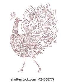 Peacock ornamental hand drawn. Adult coloring page. Thin line drawings.Fantasy bird.Vector illustration.