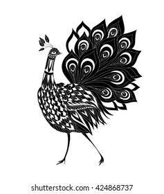 Peacock ornamental hand drawn. Fantasy bird. Vector illustration,