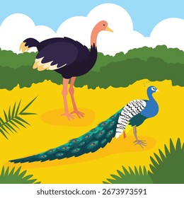 Peacock and ostrich on the beach. Vector illustration.