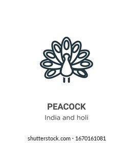 Peacock outline vector icon. Thin line black peacock icon, flat vector simple element illustration from editable india and holi concept isolated stroke on white background