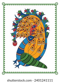 Peacock Pair: Madhubani Art of Male and Female Elegance. Traditional Madhubani Illustration, Peacock Harmony Art, Ethnic Wall Decor Elegance, Folk Art Serenity, Nature-Inspired Madhubani.