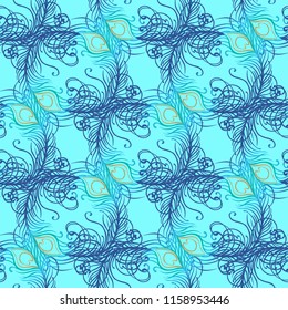 Peacock pale pink seamless vector pattern. Peafowl abstract feathers tiled print for textile or wrap paper. Hand drawn vintage linear romantic beautiful drawing pattern