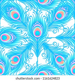 Peacock pale pink seamless vector pattern. Peafowl abstract feathers tiled print for textile or wrap paper. Hand drawn vintage linear romantic beautiful drawing pattern