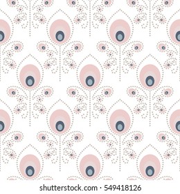 Patrón vectorial transparente rosa pálido. Las plumas abstractas de peafowl se pueden imprimir para papel textil o envuelto.