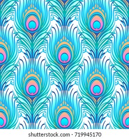 Peacock pale pink seamless vector pattern. Peafowl abstract feathers tiled print for textile or wrap paper. Hand drawn vintage linear romantic beautiful drawing pattern