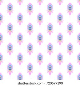 Peacock pale pink seamless vector pattern. Peafowl abstract feathers tiled print for textile or wrap paper. Hand drawn vintage linear romantic beautiful drawing pattern