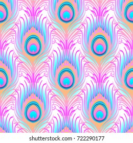 Patrón vectorial transparente rosa pálido. Plumas abstractas de peafowl estampado en baldosas para papel textil o envuelto. Patrón de dibujo bello lineal romántico dibujado a mano