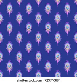 Peacock pale pink seamless vector pattern. Peafowl abstract feathers tiled print for textile or wrap paper. Hand drawn vintage linear romantic beautiful drawing pattern