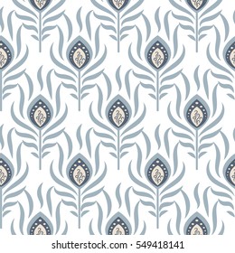 Peacock pastel blue seamless vector pattern. Peafowl feathers tileable print for textile or wrap paper.