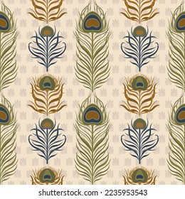 Peacock pattern feather vintage style set. Art deco, nouveau 1920-1930 design. Vector illustration