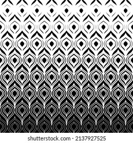 Pfauenmuster. Halftone Feder Hintergrund. Abstrakter geometrischer Farbverlauf. Schwarz-Weiß-Textur für Designdrucke. Verblasenes Muster. Hintergrund verblasst Vogelmotive. Ethnische Ornamente. Vektorgrafik