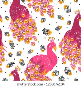 Peacock pattern Vector seamless pattern with tropical birds and feathers Jungle collection