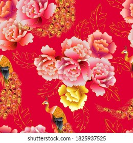 Peacock and peonies flower seamless pattern vector illustration