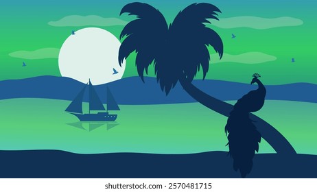 A Peacock Perched on a Coconut Tree Trunk on The Beach - Beautiful 2D Landscape Silhouette Wallpaper