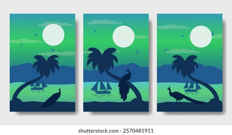 A Peacock Perched on a Coconut Tree Trunk on The Beach - Portrait Silhouette Design Set, Beautiful 2D Landscape Silhouette Wallpaper Set