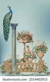 Peacock perched on a Greek column with a flower vase Illustration artwork