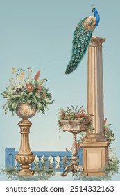 Peacock perched on a Roman column with a flower vase Illustration artwork