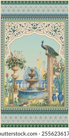 Peacock perched on a Roman column with fountain, arch and border colorful decorative pattern frame for invitation. Moroccan illustration.