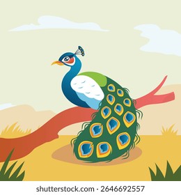 Peacock perched on a tree branch in the wild, displaying vibrant feathers against a lush natural backdrop. Ideal for wildlife, exotic birds, nature, and tropical forest themes.
