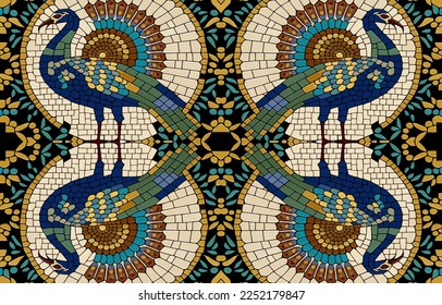 Pfauenpheasant-Putenmosaikmuster. Abstrakte volkstümliche ethnische Stammes geometrische grafische Linie. Texturtextilien nahtlose Muster, Vektorgrafik. Ornate eleganten Luxus Vintage Retro-Stil.