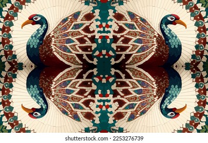 Peacock pheasant turkey mosaic pattern. Abstract folk ethnic tribal geometric graphic line. Texture textile fabric seamless patterns vector illustration. Ornate elegant luxury vintage retro style.