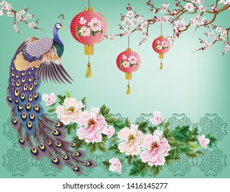 Peacock with plum blossoms in beautiful nature on a green background is a Chinese style art.