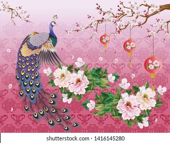 Peacock with plum blossoms in beautiful nature on a green background is a Chinese style art.