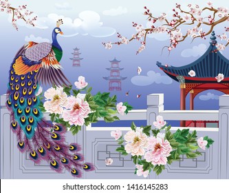 Peacock with plum blossoms in beautiful nature on a green background is a Chinese style art.