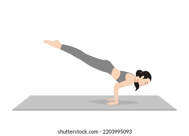 Peacock Pose. Beautiful girl practice Mayurasana. Young attractive woman practicing yoga exercise. working out, black wearing sportswear, grey pants and top, indoor full length, calmness and relax.