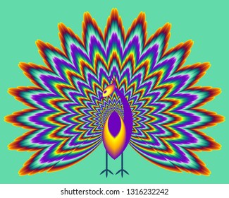 Peacock with pulsing fiery tail. Optical illusion of movement.