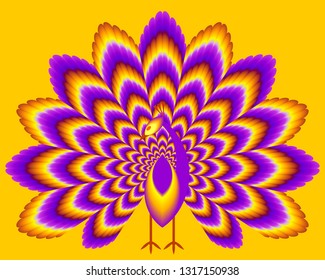 Peacock with pulsing fiery tail. Optical expansion illusion.