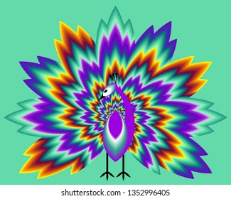 Peacock with pulsing fiery tail. Optical illusion of movement.