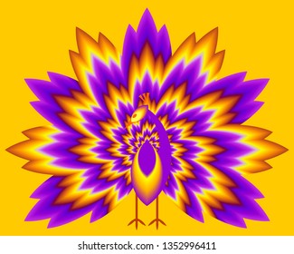 Peacock with pulsing fiery tail. Optical expansion illusion.