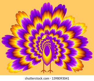 Peacock with pulsing fiery tail. Optical expansion illusion.