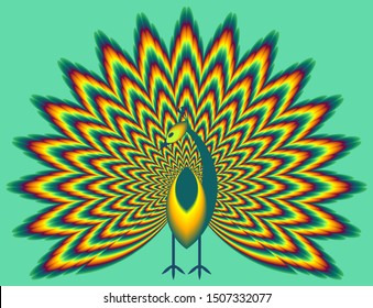 Peacock with pulsing fiery tail. Optical illusion of movement.