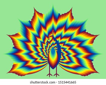 Peacock with pulsing fiery tail. Optical illusion of movement