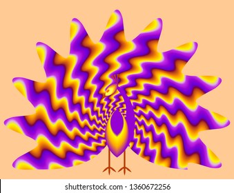 Peacock with pulsing fiery tail. Spin illusion.
