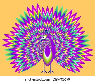 Peacock with сolorful rainbow tail. Motion illusion.