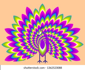 Peacock with сolorful rainbow tail. Optical expansion illusion.