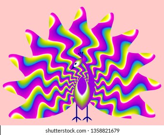 Peacock with сolorful rainbow tail. Spin illusion.