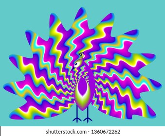Peacock with сolorful rainbow tail. Spin illusion.